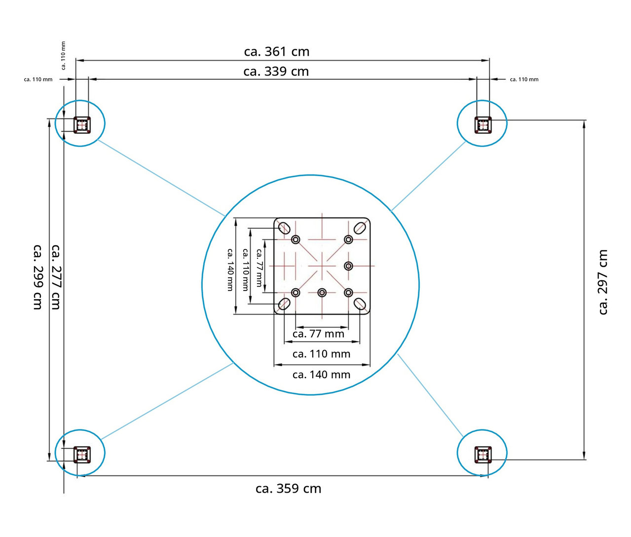 Technische Zeichnung einer Leco Lamellenpergola 360 x 300 cm mit Maßangaben.