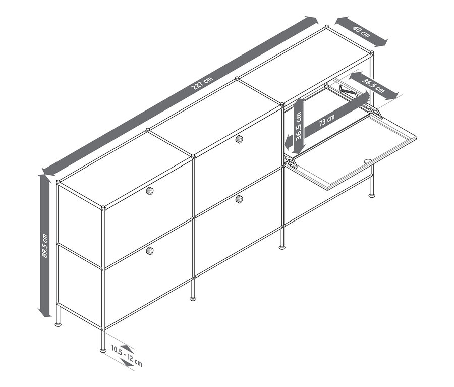 Schwarze Illustration eines modularen Schranksystems mit Maßangaben.