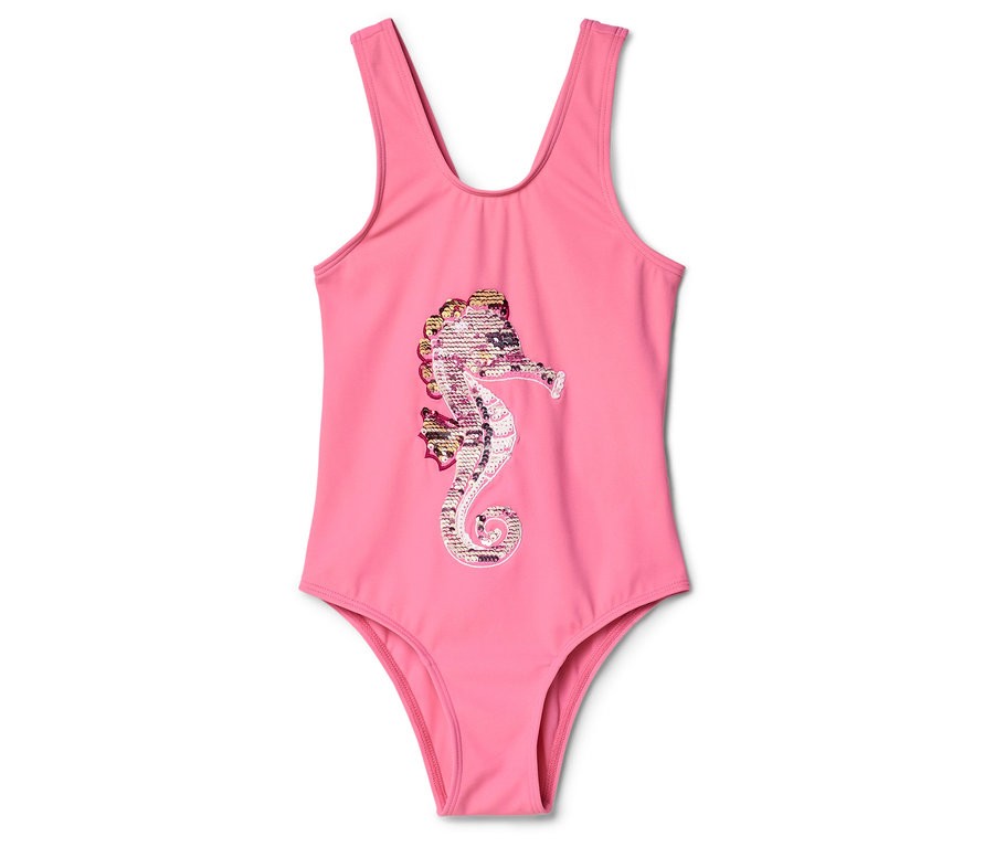Ein rosafarbener Badeanzug mit einem bunten Seepferdchen-Motiv in der Mitte.