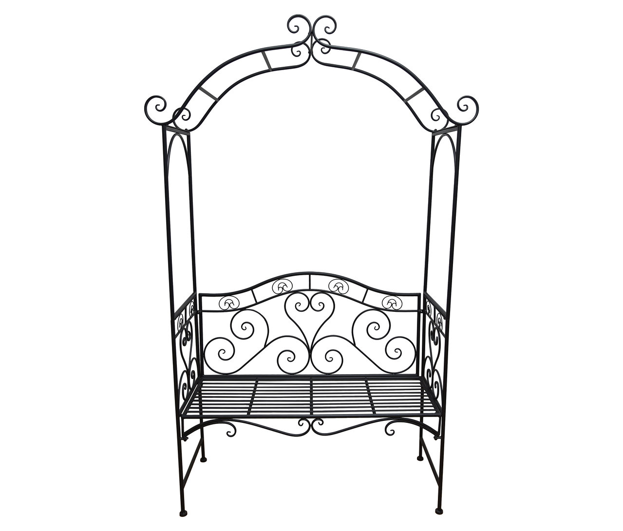 Schwarze Gartenbank aus Metall mit Rankhilfe im Hintergrund.