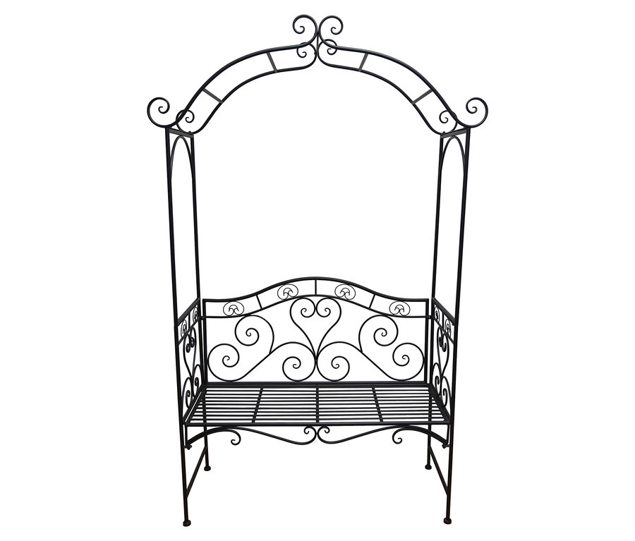 Schwarze Gartenbank aus Metall mit Rankhilfe im Hintergrund.