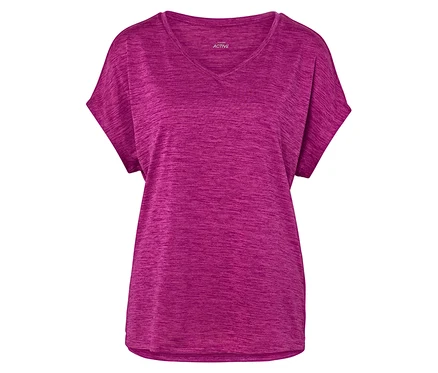 Nahaufnahme eines melierten, pinkfarbenen Sport-T-Shirts mit V-Ausschnitt.