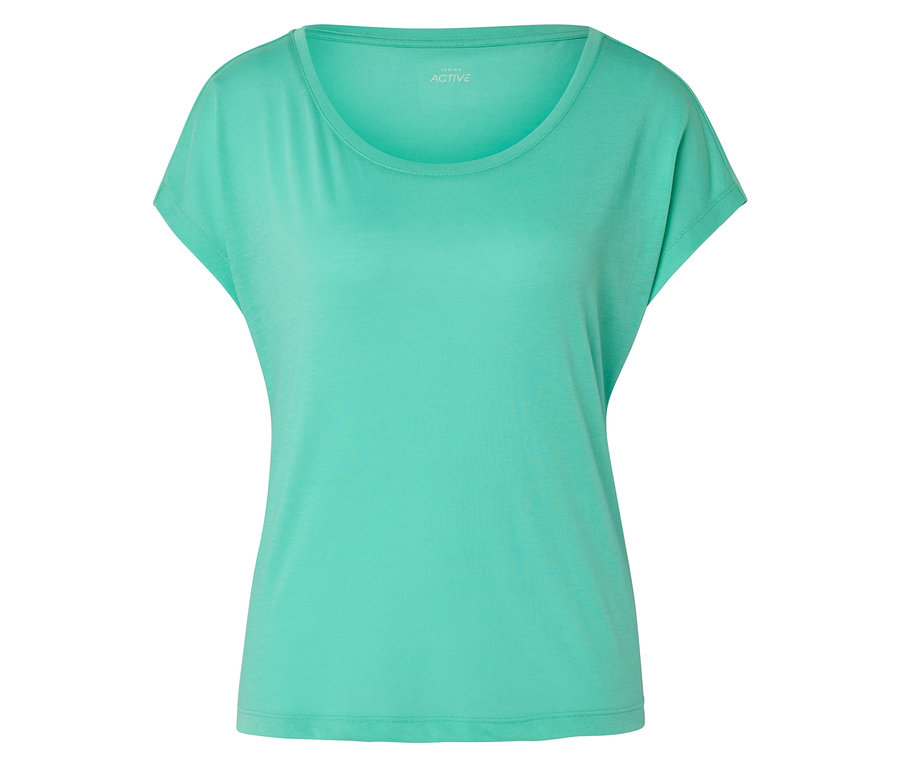 Helles, grünes Sport-T-Shirt für Damen auf weißem Hintergrund.