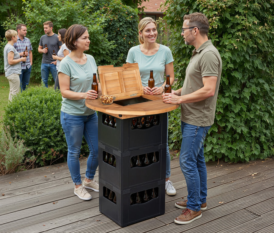 Drei Personen stehen an einem DeVries Teak-Tischplatte für Getränkekisten mit Getränken im Garten.