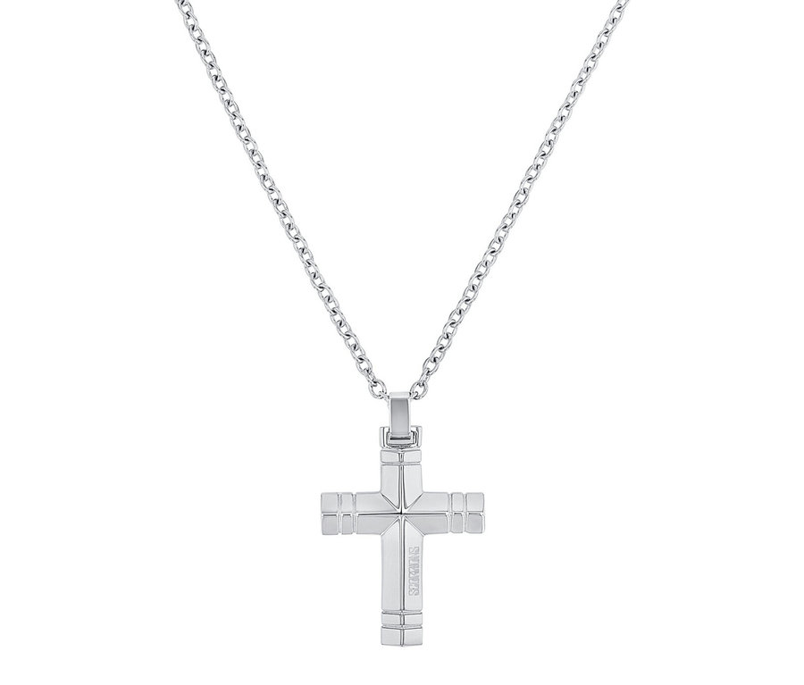 Nahaufnahme von Amor Unisex-Halsschmuck mit Kreuz-Anhänger an einer silbernen Kette.