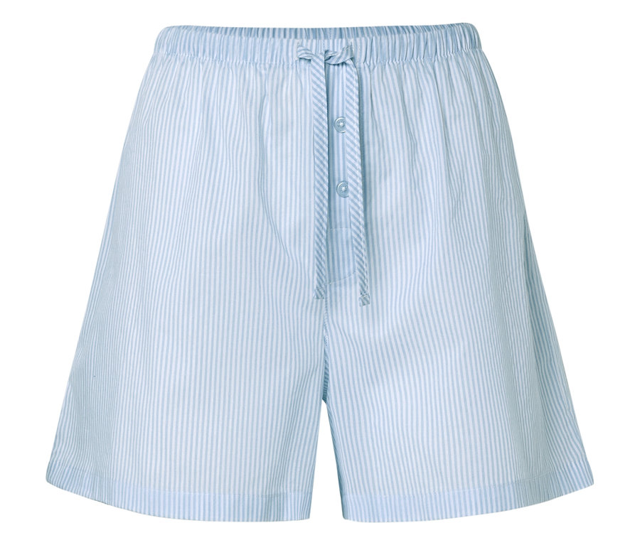 Hellblaue, gestreifte Shorts mit Knopfleiste.