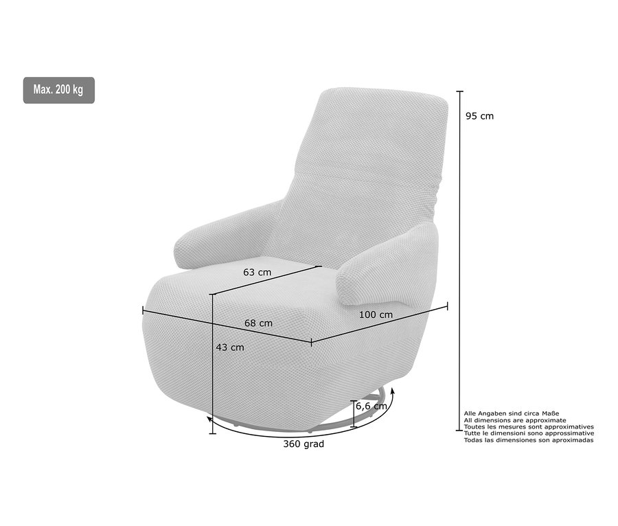Abbildung eines Domo Drehsessels »Valencia« in Grau mit Drehfunktion und Maßangaben.