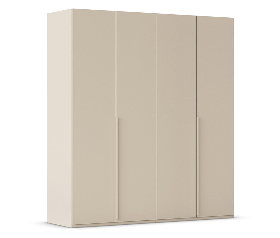 Beiger Kleiderschrank mit vier Türen und langen, schmalen Griffen.
