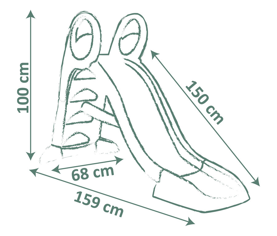 Eine grüne Strichzeichnung zeigt die Maße einer Kinderrutsche mit 100 cm Höhe, 150 cm Länge und 159 cm Gesamtbreite.