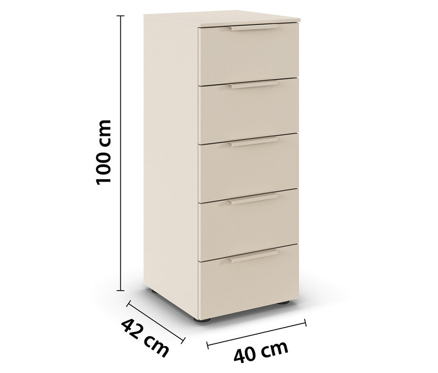 Ein beiger Schrank mit fünf Schubladen steht auf einem weißen Untergrund. Die Maße des Schranks sind mit Linien dargestellt: 100 cm hoch, 42 cm breit und 40 cm tief.