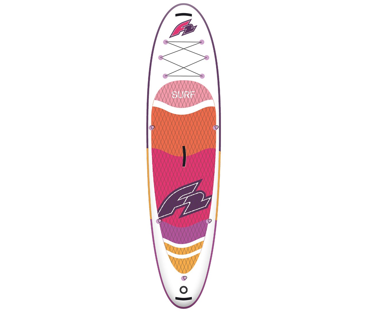 F2 SUP-Board »Surf« in Weiß, Pink, Lila und Orange mit Schnüren und Tragegriffen.