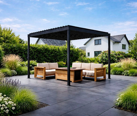 Auf einer Terrasse steht eine Leco Lamellenpergola 360 x 300 cm über einer Sitzecke mit zwei Sofas und einem Tisch.