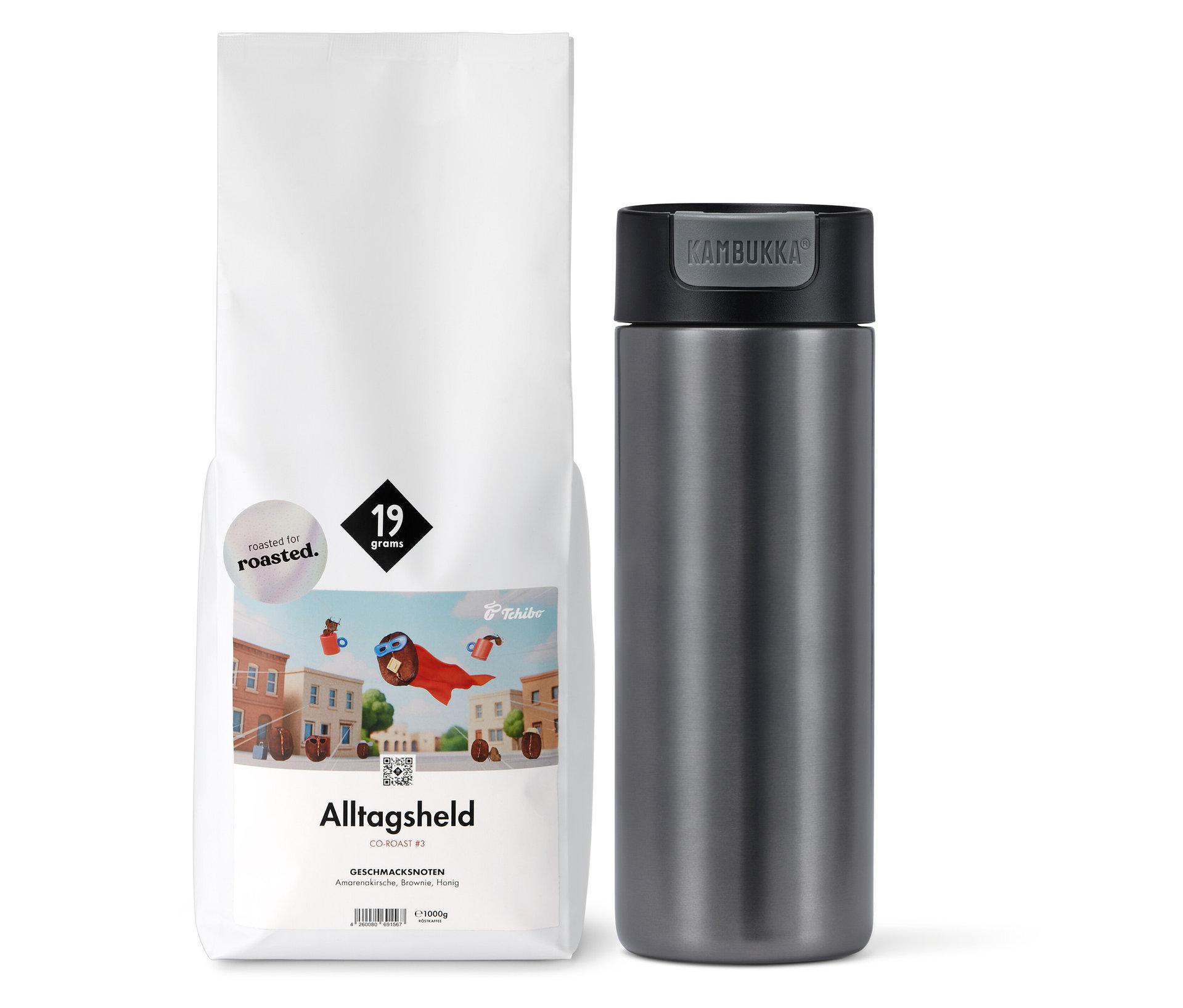 Kaffee-Geschenkset „Alltagsheld to Camping„ – 1x 1kg Omni-Roast Ganze Bohne und Becher