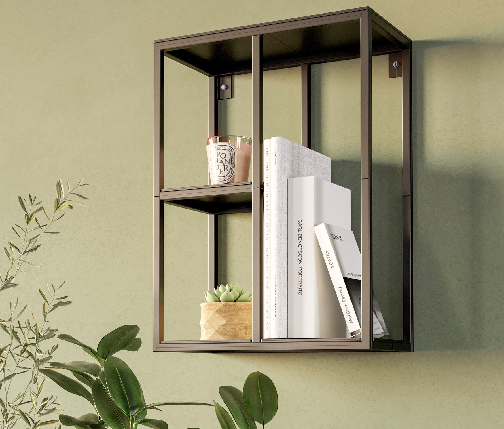 An der Wand hängt ein kleines, schwarzes Eglo Wandregal »KENINGAU« mit einer Kerze, Büchern und einer kleinen Sukkulente.