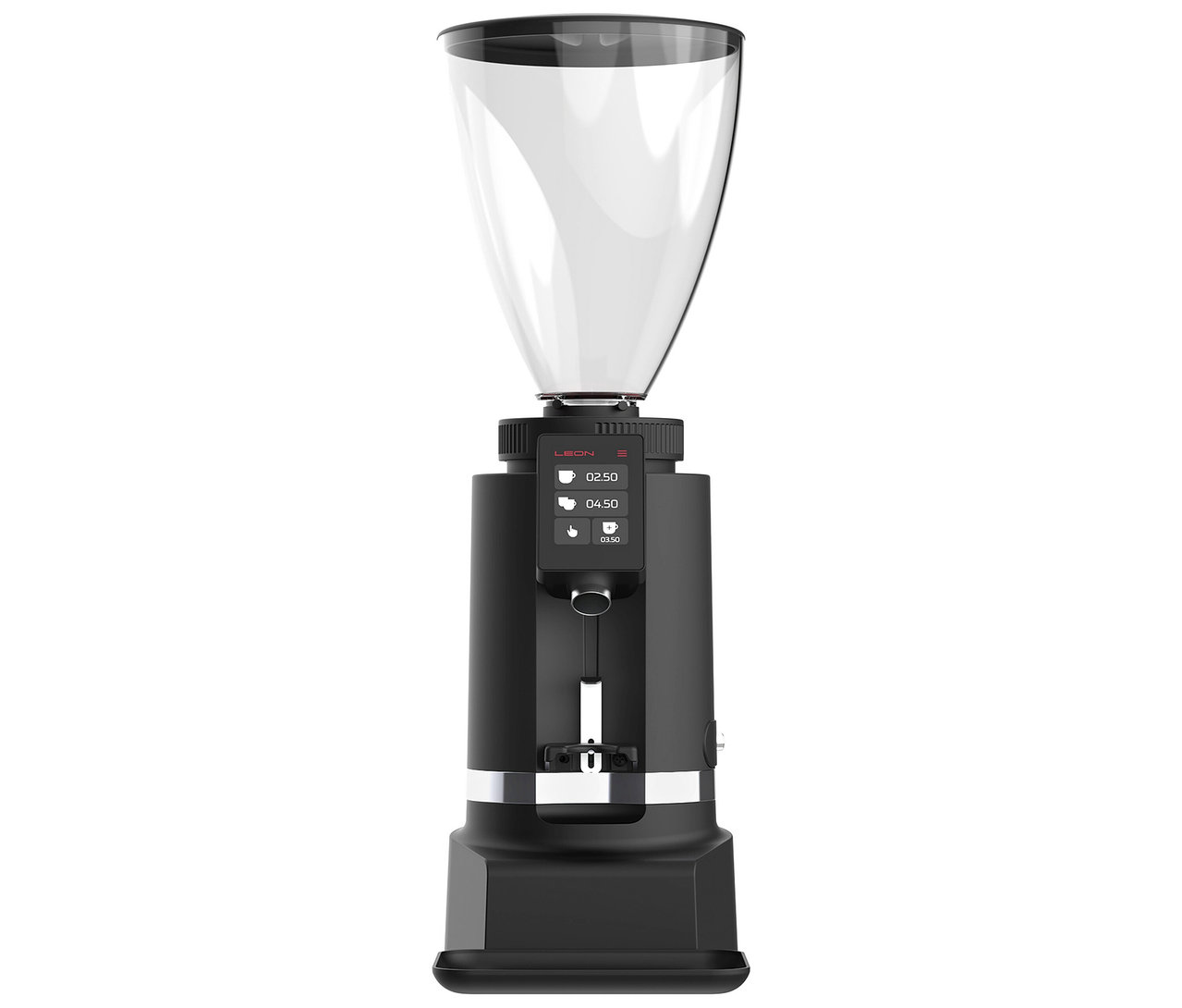 Schwarze Kaffeemühle mit durchsichtigem Trichteraufsatz und Digitalanzeige.