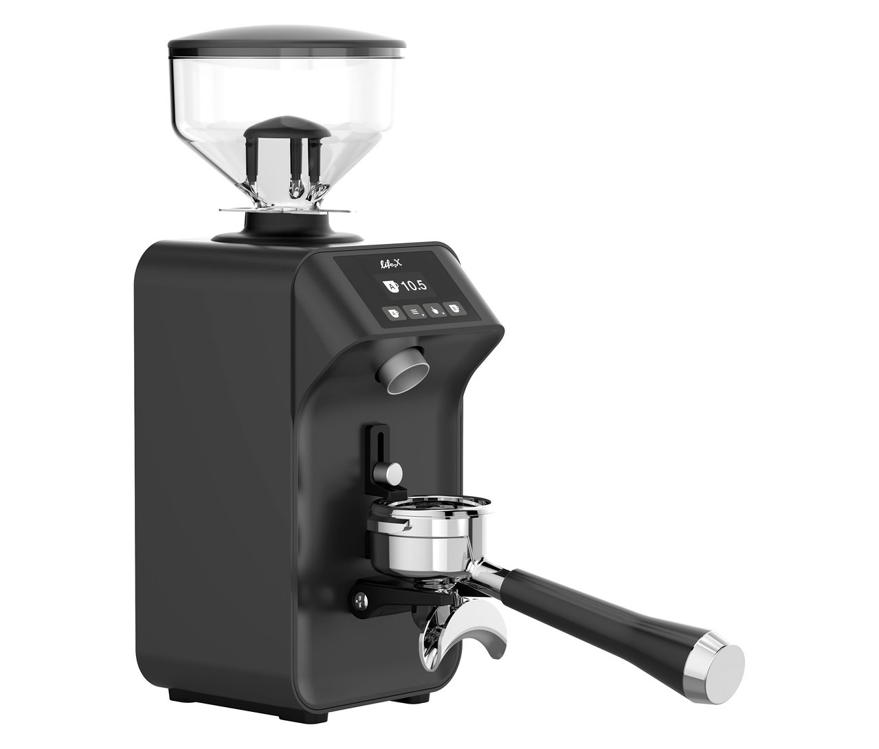 Eine schwarze Kaffeemühle mit einem Behälter oben und einem Siebträger darunter.