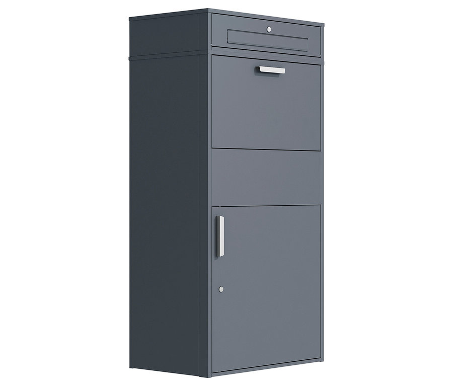 Eine graue Paketbox XXL steht vor einem weißen Hintergrund.