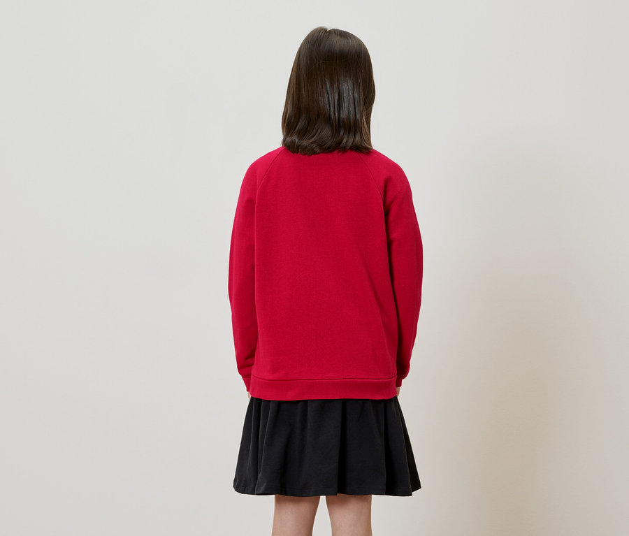 Rückansicht eines jungen Mädchens mit dunklen, schulterlangen Haaren, das einen roten Pullover und einen schwarzen Rock trägt.