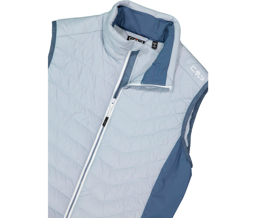 Hellblaue Steppweste mit blauem Kragen und Reißverschluss.