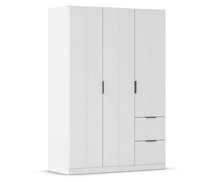 Weißer Kleiderschrank mit vier Türen und zwei Schubladen.