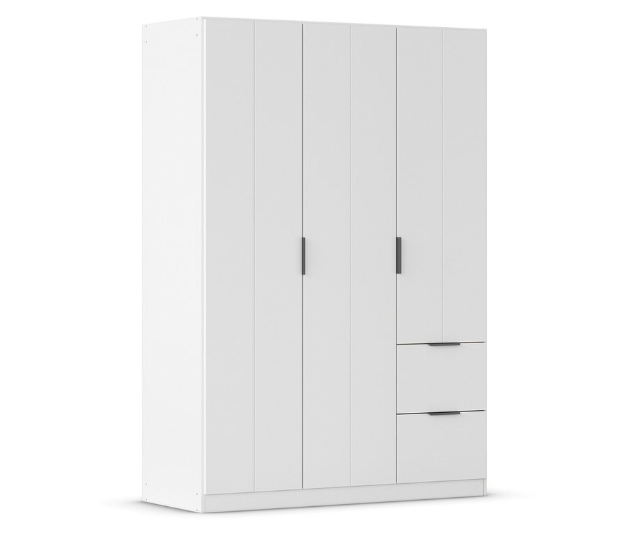 Weißer Kleiderschrank mit vier Türen und zwei Schubladen.