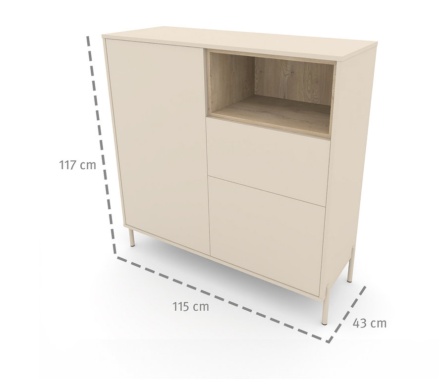 Das Highboard »Hygge« mit 2 Türen in Cashmere-Weiß hat eine Tür links, zwei Schubladen und ein offenes Holzfach rechts.