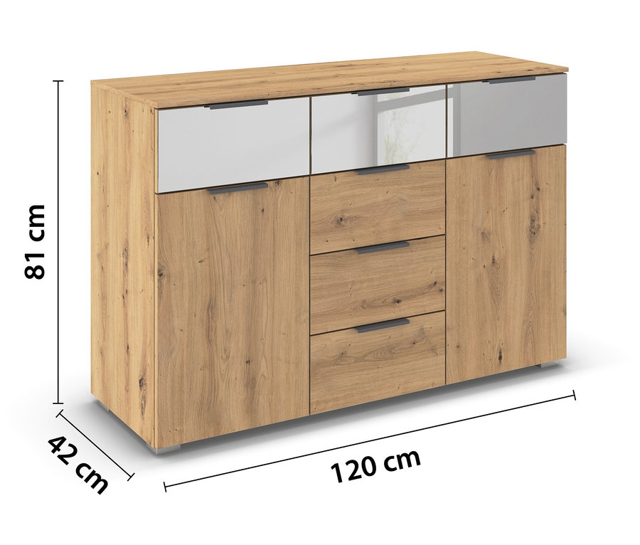 Die rauch Kommode »Skyla« mit 2 Türen und 6 Schubladen in Eiche steht vor einem weißen Hintergrund.