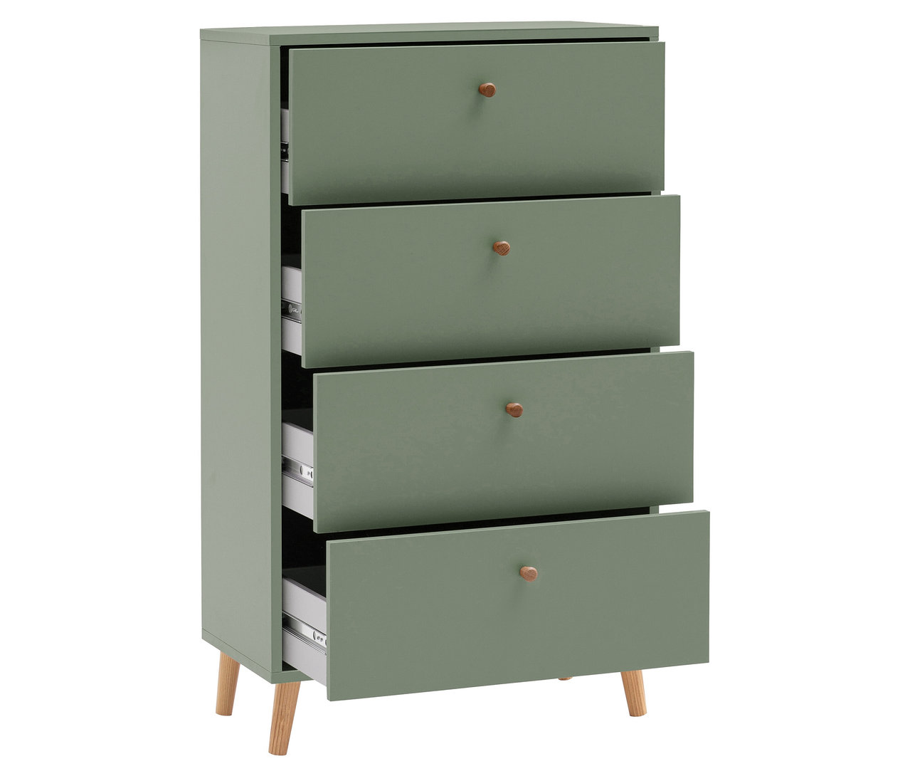 Kommode »Bjarne« in Pistazie mit vier Schubladen, von denen zwei geöffnet sind.