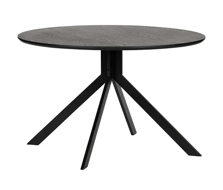 Schwarzer runder Tisch mit Holzmaserung und vier schrägen, schwarzen Beinen.