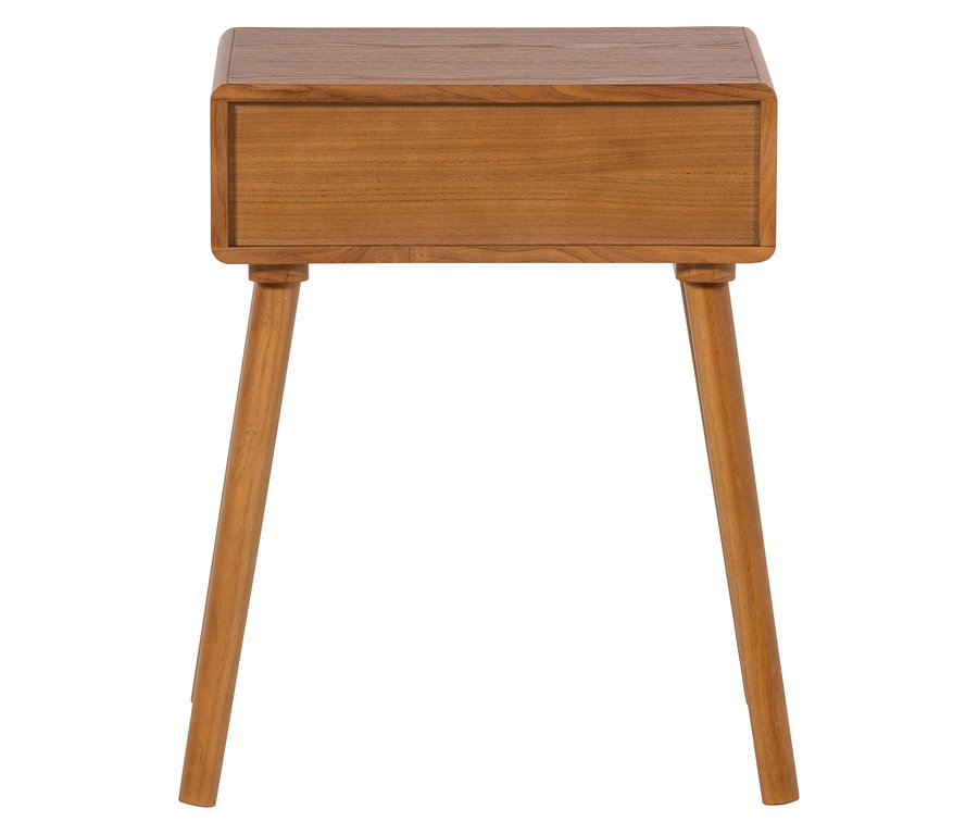 Holz-Beistelltisch mit einer Schublade und vier schrägen, konischen Beinen. Mittelbraunes Holz mit sichtbarer Maserung.