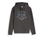 Dunkelgraues Tom Tailor Hoodie Sweatshirt mit einem hellblauen und weißen Grafikdruck auf der Vorderseite, inklusive Text und einem Boots-Symbol.