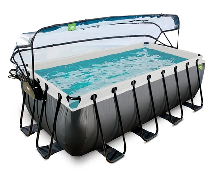 Ein rechteckiges EXIT Pool-Set in Lederoptik, 400 x 200 cm, mit dunkelgrauem Äußeren, weißem Rand, schwarzem Stützrahmen und blauem Wasser, bedeckt von einem transparenten Dach.