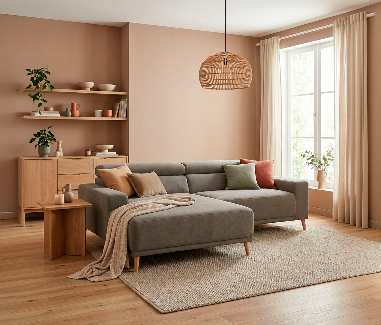 Ein gemütliches Wohnzimmer mit pfirsichfarbenen Wänden zeigt ein graues L-förmiges Sofa mit Kissen und einer Decke. Daneben steht ein Holztisch. Links ein Holzschrank mit Regalen darüber, auf denen Pflanzen und Deko stehen. Rechts ein großes Fenster mit hellen Vorhängen. Eine geflochtene Pendelleuchte hängt von der Decke, und ein beiger Teppich bedeckt den Holzboden.