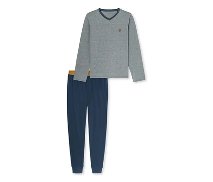 Grauer, langärmeliger Pyjama mit V-Ausschnitt und dunkelblauer Hose mit braunem Bund.