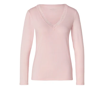 Rosa Langarmshirt mit V-Ausschnitt und weißer Spitze.