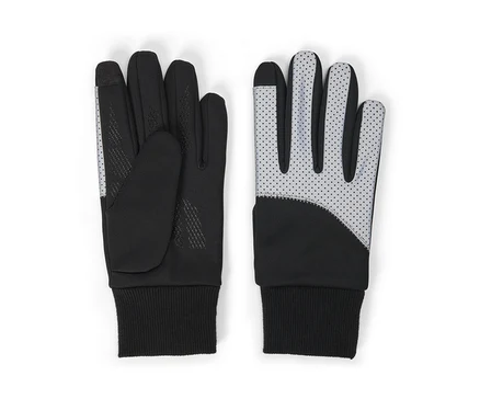 Ein Paar schwarzer Handschuhe, flach hingelegt. Der linke Handschuh zeigt die Handfläche mit strukturierten Griffmustern und einem reflektierenden Streifen am Zeigefinger. Der rechte Handschuh zeigt den Handrücken mit einem großen grauen, gepunkteten, reflektierenden Bereich. Beide haben gerippte Bündchen und touchscreen-kompatible Fingerspitzen.