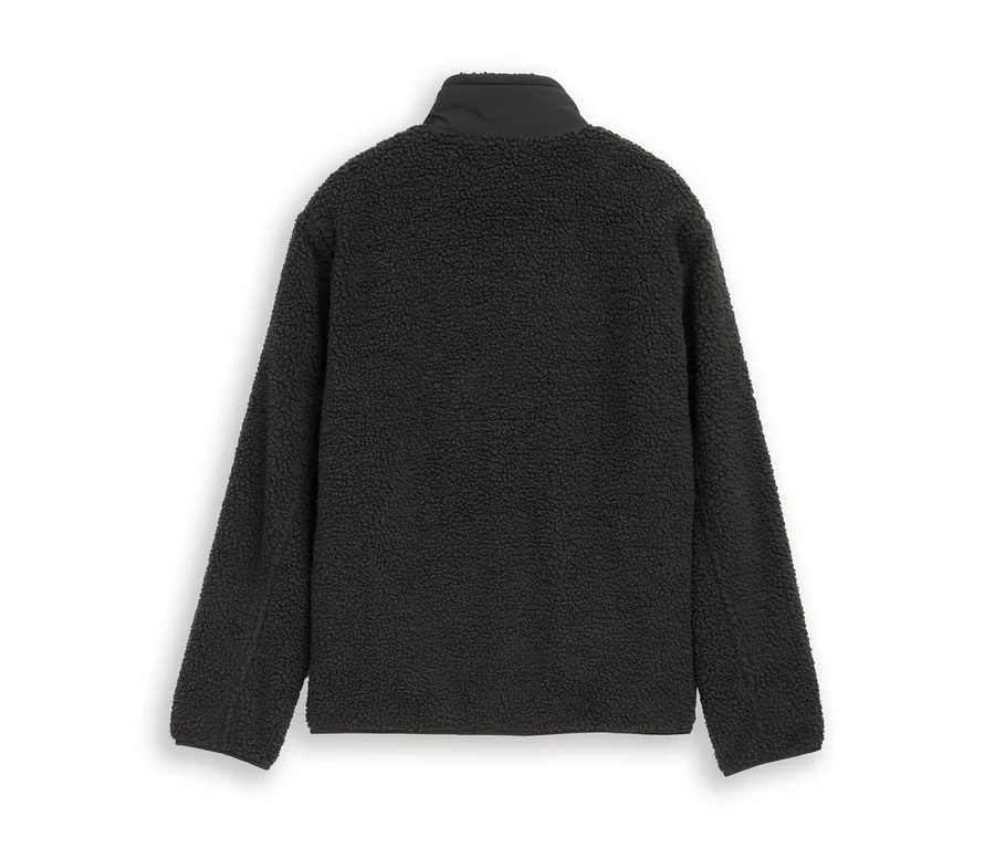 Schwarze Fleecejacke mit Stehkragen, Rückansicht.