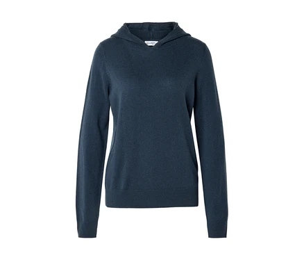 Dunkelblauer Langarm-Hoodie auf weißem Hintergrund.