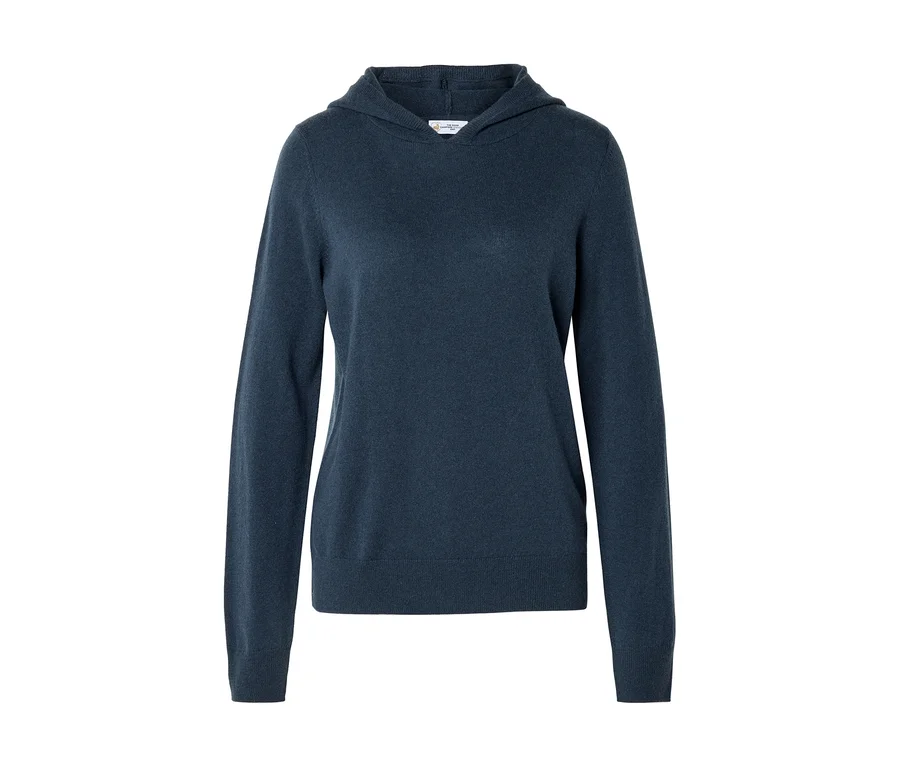 Dunkelblauer Langarm-Hoodie auf weißem Hintergrund.