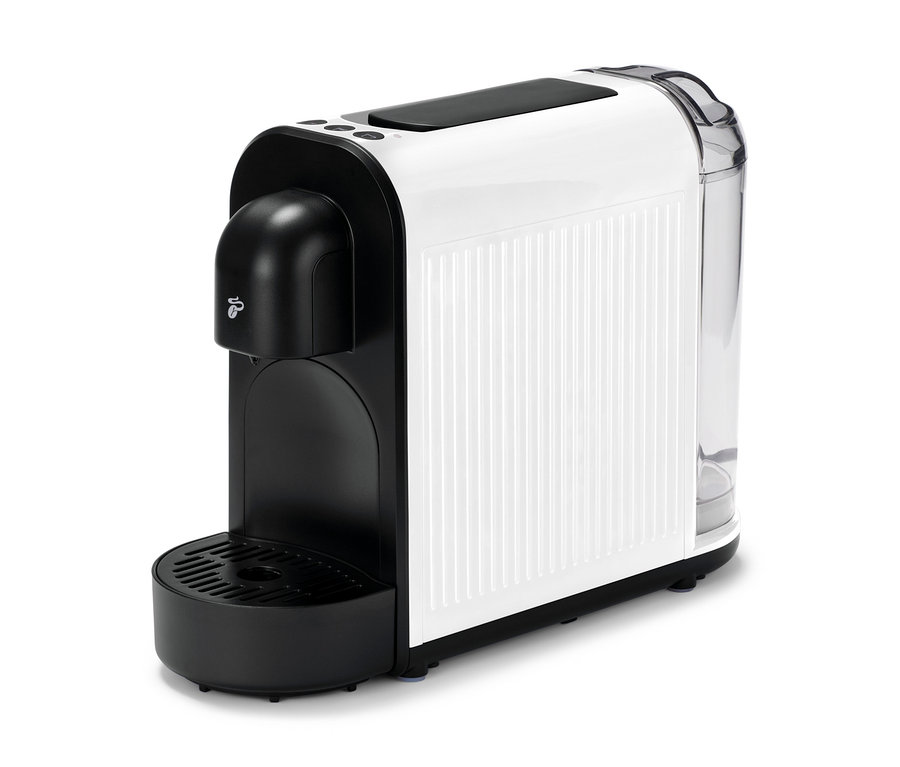 Die weiße Cafissimo now white Kaffeemaschine steht auf einem weißen Untergrund.