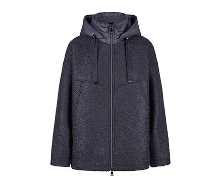 Dunkelblaue Barbara Lebek Bouclé-Wolljacke mit Reißverschluss und glatter, gepolsterter Kapuze.