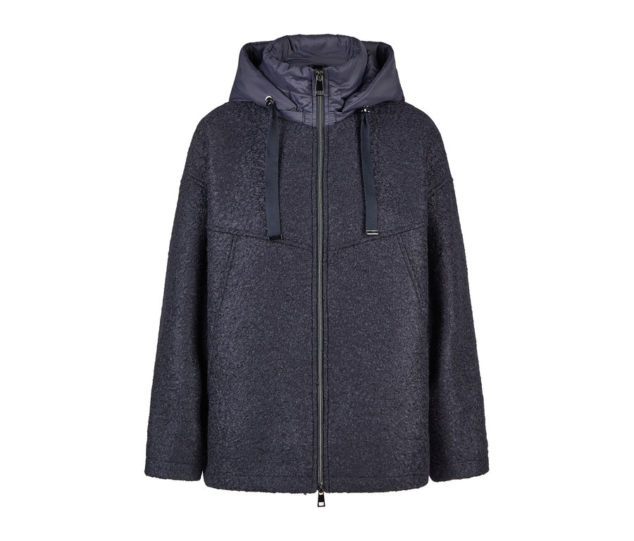 Dunkelblaue Barbara Lebek Bouclé-Wolljacke mit Reißverschluss und glatter, gepolsterter Kapuze.