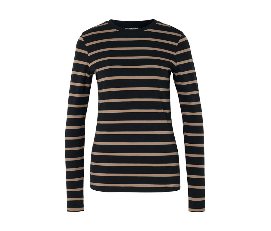 Schwarz-beige gestreiftes Langarmshirt.