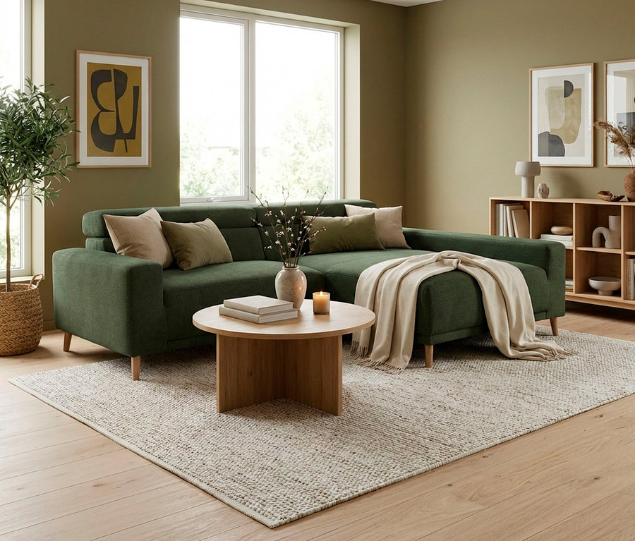 Ein Wohnzimmer mit olivgrünen Wänden, einem grünen Ecksofa mit beigem Überwurf und einem runden Holztisch mit Vase und Kerze. Ein heller, strukturierter Teppich bedeckt den Holzboden. Eine Topfpflanze, gerahmte abstrakte Kunst und ein Holzregal mit Deko vervollständigen den Raum.