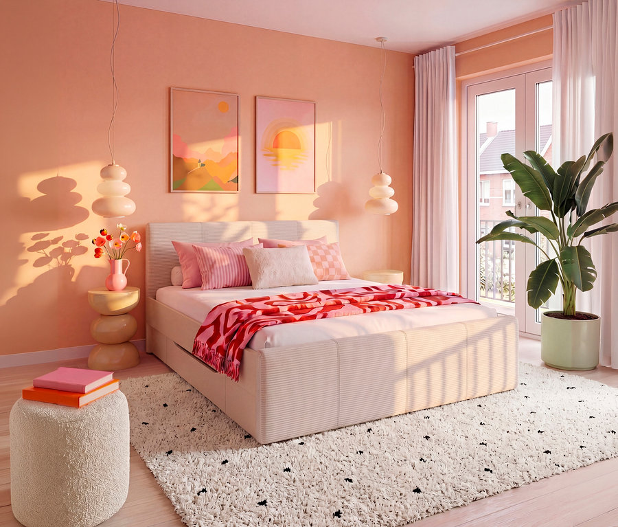 Ein Schlafzimmer mit pfirsichfarbenen Wänden und einem beigen rauch Bett Holga mit integrierten Schubladen und einer Liegefläche von 180 cm. Auf dem Bett liegen pinke Kissen und eine rot-pinke Decke. Links vom Bett stehen zwei runde Beistelltische mit einer Vase und Blumen, daneben ein beiger Hocker mit Büchern. Rechts steht eine große Pflanze vor einer Balkontür. Ein weißer Teppich liegt auf dem Holzboden.