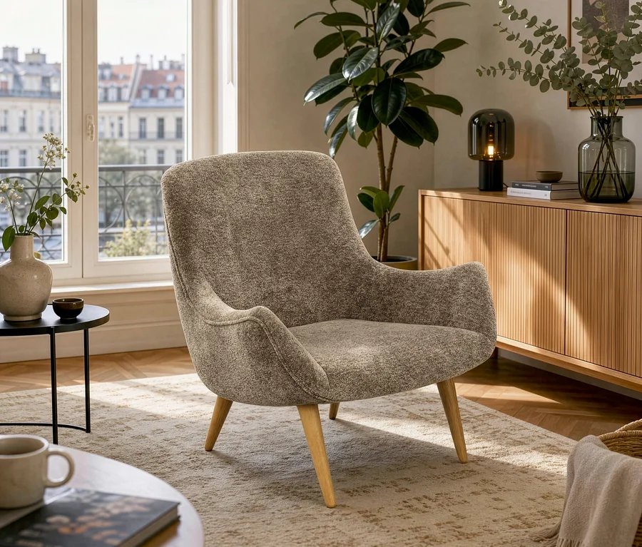 Ein beiger Polstersessel mit Holzbeinen steht auf einem gemusterten Teppich in einem hellen Wohnzimmer. Ein Fenster zeigt Stadtgebäude, während ein Holzschrank mit Lampe und Vase sowie eine große Topfpflanze im Hintergrund stehen.