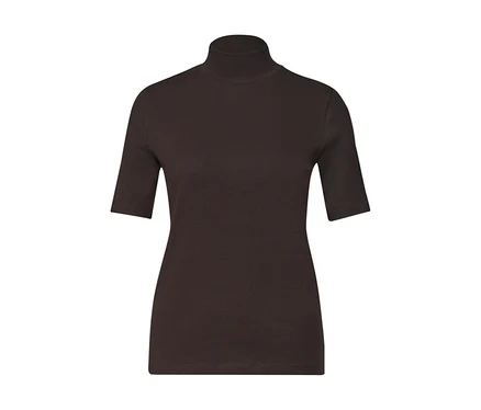 Braunes, geripptes Street One Shirt mit Rollkragen und kurzen Ärmeln.