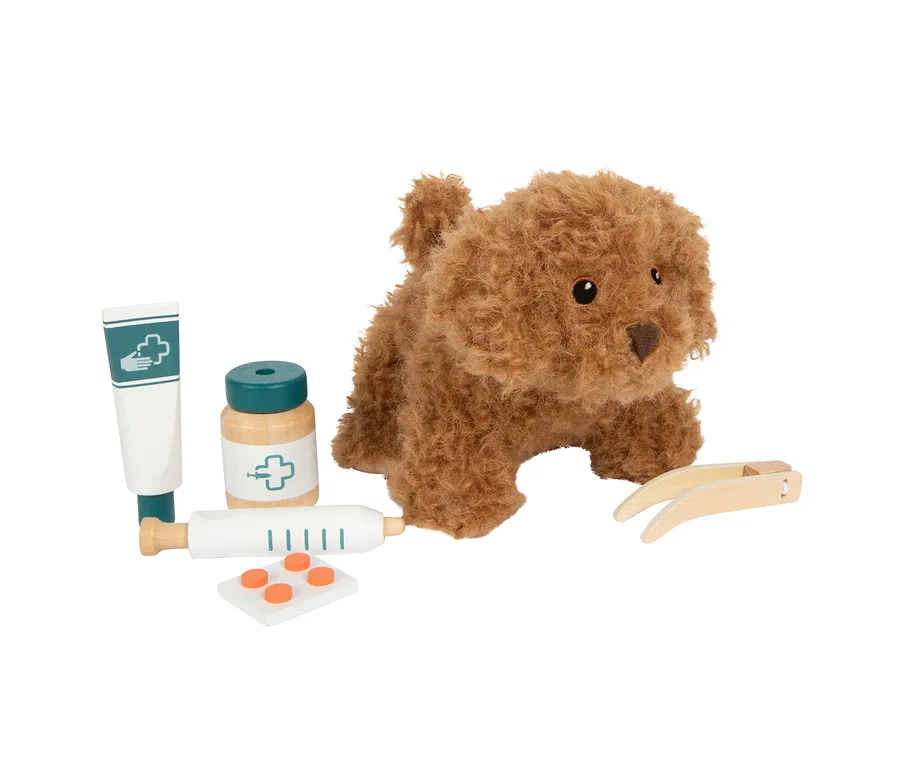 small foot Tierarzt-Set »Hund«: Brauner Plüschhund und Holzspielzeug-Tierarztzubehör (Salbentube, Flasche, Spritze, Pillenblister, Zange).