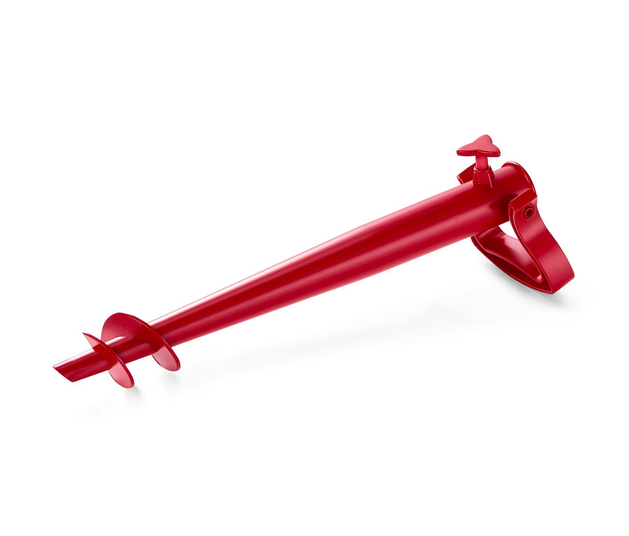 Ein roter Sonnenschirmhalter vor einem weißen Hintergrund.