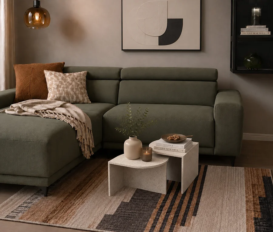 Grünes Ecksofa mit Kissen und Decke in einem Wohnzimmer mit gemustertem Teppich und zwei verschachtelten Beistelltischen.